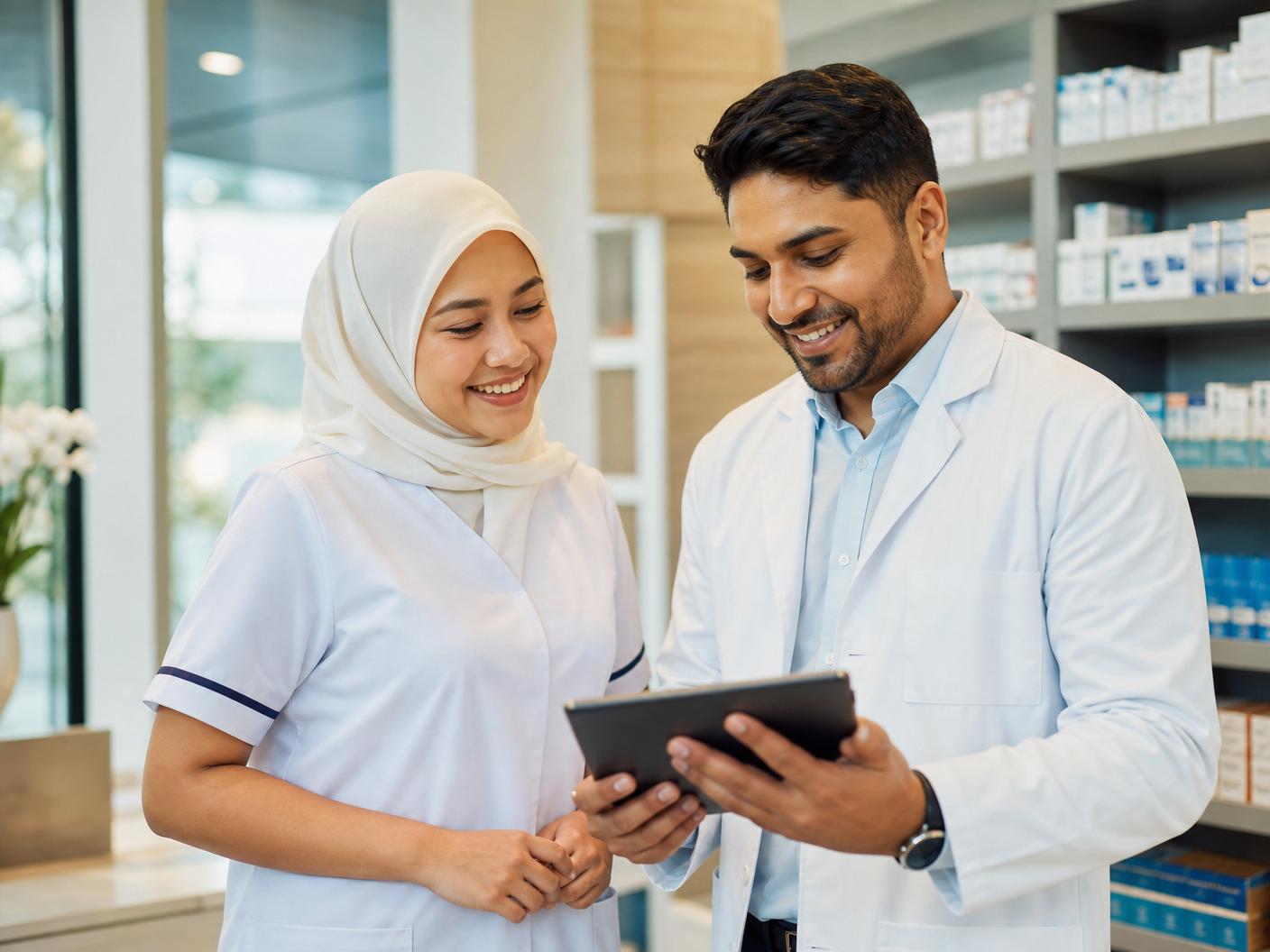 Malaysian staff nurse and pharmacist working in a modern hospital ward